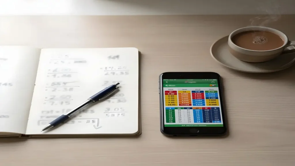 A clean workspace setup featuring a smartphone with betting odds on screen, alongside a notebook filled with calculations and a pen. A cup of coffee adds to the focused atmosphere, symbolizing strategic thinking and analysis in sports betting.